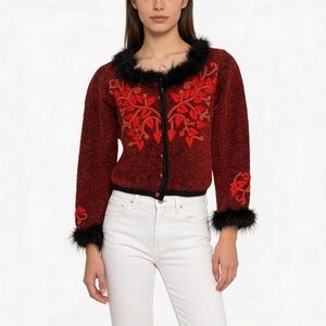 BEREK Vintage Button Down Faux Fur Trim Red Beaded Sweater Size S